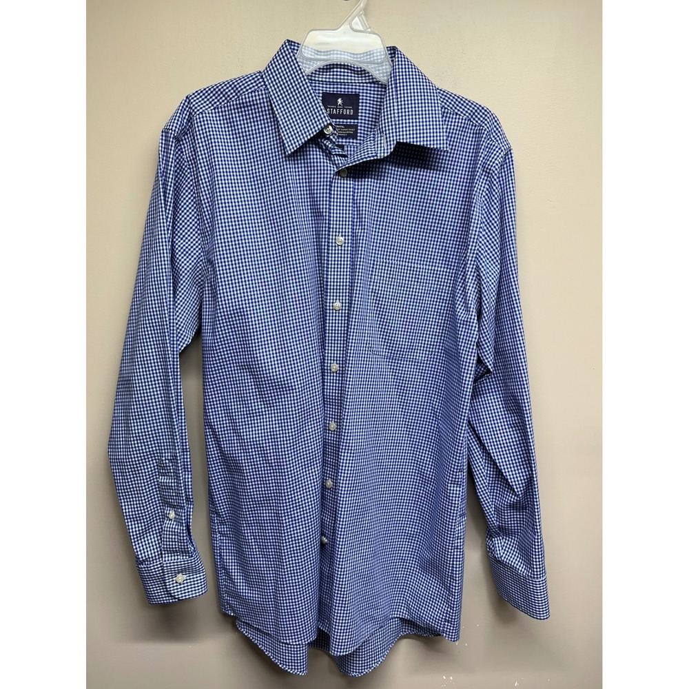Stafford Men's Blue Gingham Performance Dress Shirt Regular Fit Size 16 34-35